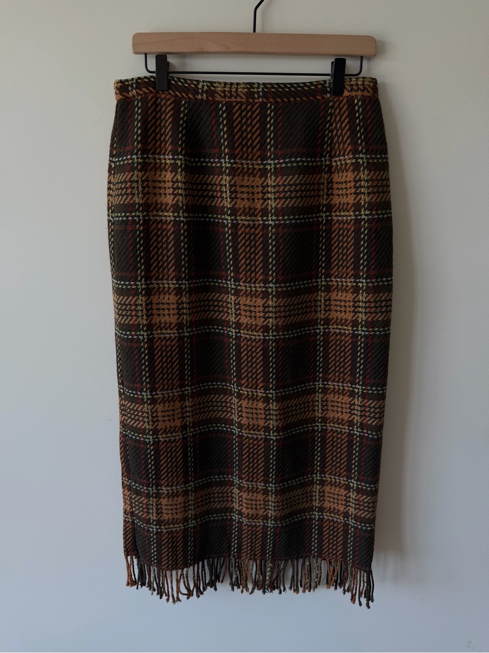 Requirements Plaid Fringe Wool Midi Skirt in Brown Fall Tones Back Zipper